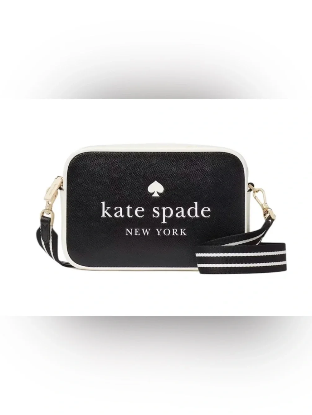 Kate Spade Black and White Logo Crossbody Bag with Striped Strap